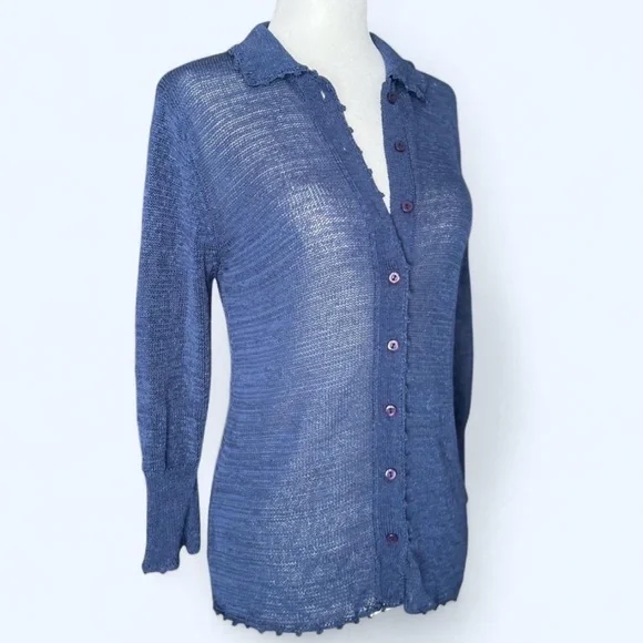 Debbie Shuchat Womens Blue Sheer Knit Cottagecore Whimsy Twee Cardigan - Picture 3 of 7